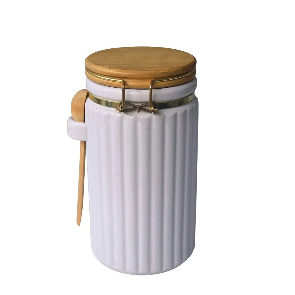 White Jar Ceramic Kitchen Canister with Wood Lid and Scoop Gold Clasp
